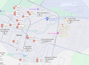Screenshot from Google Maps of a radius around LEGOLAND Conference Hotel showing hotels and vacation homes